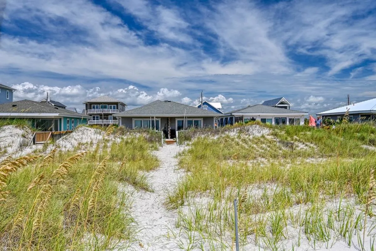 The hero image showcases a sandy path meandering through tall beach grasses, leading directly to the oceanfront house set against a backdrop of blue skies and soft clouds. The scene evokes a sense of tranquility and natural beauty, inviting viewers to imagine leisurely walks to the beach and peaceful moments on the porch.